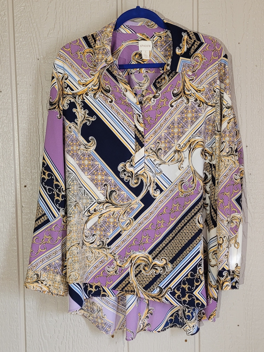 Chico's Patterned Button-Up Shirt in Lavender and Navy
